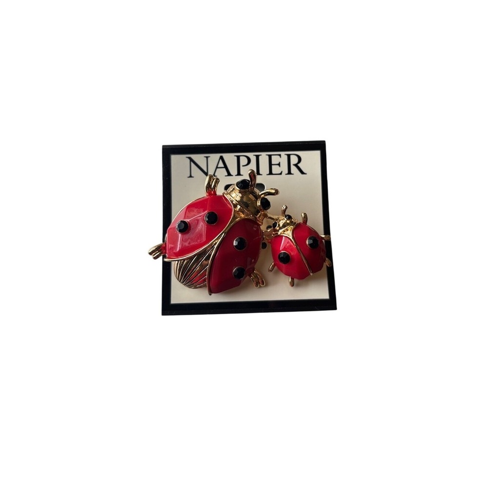 Napier Enamel Ladybug Pin Brooch "Mom‎ & Baby" Red, Black & Gold Cute GIFT NEW